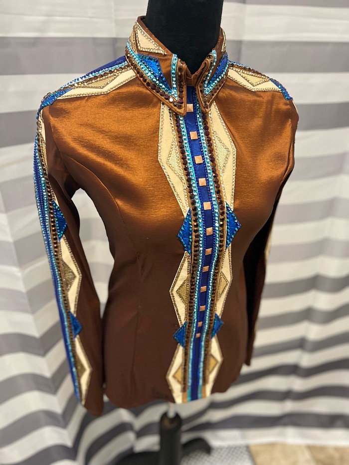 Rhonda Sten rust taffeta with blue and tan back zip $550 Bust 34 Waist 30 Hip 37 Shoulder 15 Sleeve 24