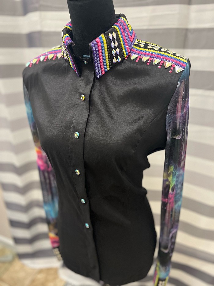 Like new Kevin Garica. Was used one time! Vibrant neon stones with sheer sleeves! Priced at $1300  plus shipping. All sales are final.  Bust 40  Waist 36  Hip 42  Arms 25  Shoulders 16