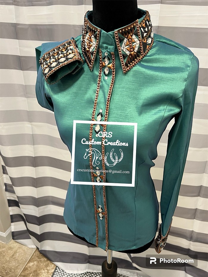 *SOLD* NEW CRS DAY SHIRTS!! Buyer pays shipping all sales are final!  Greenish/blue with copper $365 Bust 36  Waist 32  Hip 38  Shoulder 15.5  Arms 22.5